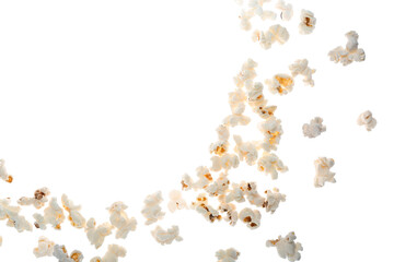 Flying tasty popcorn on white background