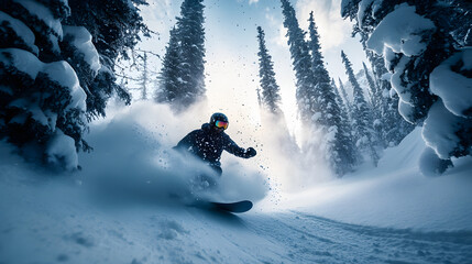 A snowboarder blasting through deep powder snow billowing up in a dramatic spray surrounded by tall snow-laden pines.
