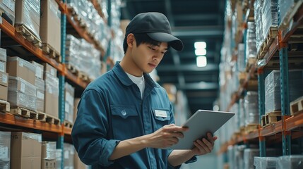 Young asian man worker doing stocktaking of product in cardboard box on shelves in warehouse by using digital tablet and pen. physical inventory count concept.