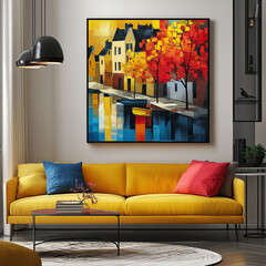 A painting of a city street with a boat in the water. The painting is framed and hangs on a wall