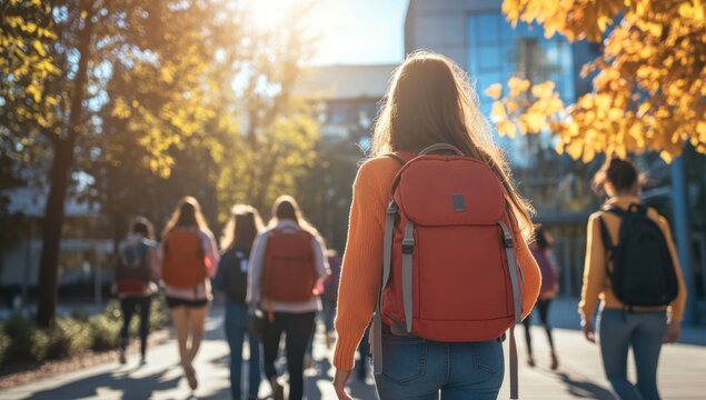 A group of students with backpacks walking towards the school building on a sunny day, seen from behind The sun is shining brightly in front and casting long shadows over their faces Generative AI