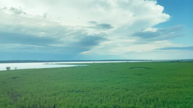 Moving along river bank with green grass ang gray cloudy sky in summer