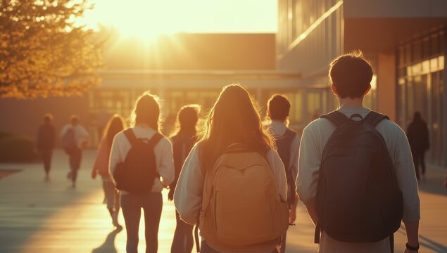 A group of high school students walks towards the entrance to their building, each carrying backpacks and wearing casual , with sunlight shining on them from behind Generative AI