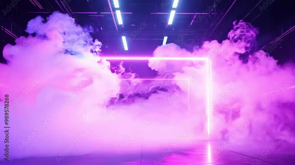 Poster neon frames glow brightly on stage as colorful purple fog envelops the space, creating a surreal atm