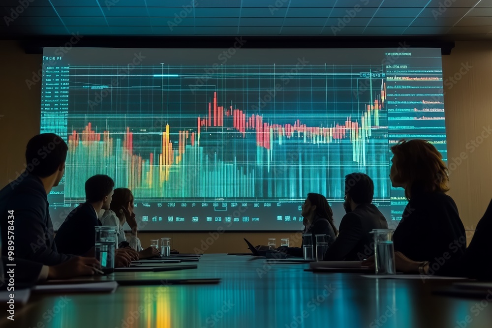 Poster business team analyzing data trends during a meeting with a large projection in a modern conference 