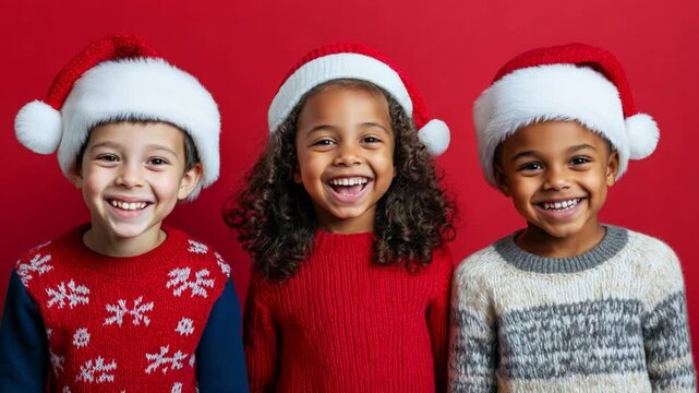 Three joyful diverse kids in Santa hats pose warmly together, showcasing their excitement for the Christmas holiday surrounded by bright red backdrop