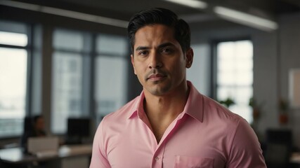 Fototapeta premium twenties hispanic man in pink attire on office background model portrait looking confident for ad concept space for text