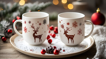 Fototapeta premium Elegant Reindeer and Snowflake Patterned Christmas Mugs in White, Perfect for Cozy Holiday Gatherings White ceramic Christmas mugs featuring elegant reindeer and snowflake patterns. These festive cups