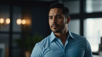 Fototapeta premium twenties hispanic man in blue attire on office background model portrait looking confident for ad concept space for text