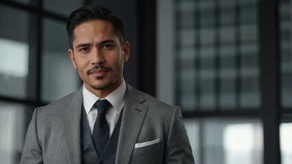 Fototapeta premium twenties hispanic man in gray attire on office background model portrait looking confident for ad concept space for text