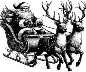 Santa Claus Riding In The Christmas Sleigh With Reindeer