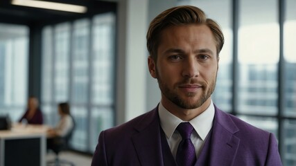 Fototapeta premium twenties caucasian man in purple attire on office background model portrait looking confident for ad concept space for text