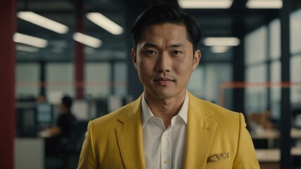 Obraz premium twenties asian man in yellow attire on office background model portrait looking confident for ad concept space for text