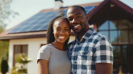 A cheerful black couple poses outside their modern house featuring solar panels, showcasing sustainability and happiness