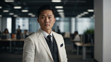 Fototapeta premium twenties asian man in white attire on office background model portrait looking confident for ad concept space for text