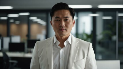 Fototapeta premium twenties asian man in white attire on office background model portrait looking confident for ad concept space for text