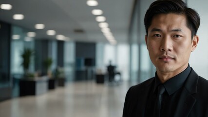 Fototapeta premium twenties asian man in black attire on office background model portrait looking confident for ad concept space for text