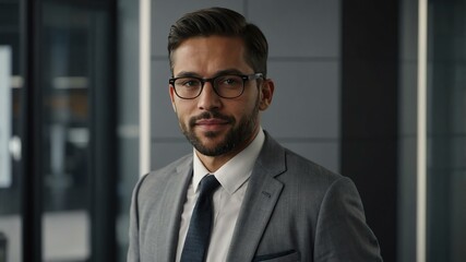 Fototapeta premium twenties american man in gray attire on office background model portrait looking confident for ad concept space for text