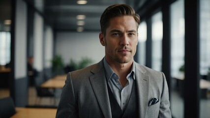 Obraz premium twenties american man in gray attire on office background model portrait looking confident for ad concept space for text