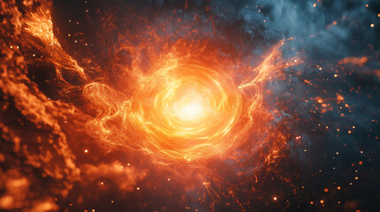 Fototapeta premium A 3D render of a realistic chakra. The chakra is spinning, emitting a bright light. It is against a dark magic background