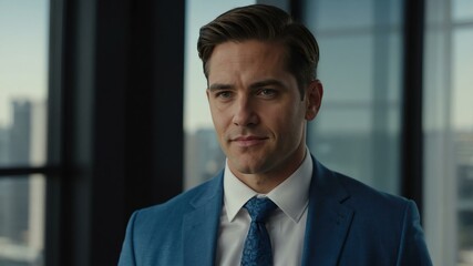 Fototapeta premium twenties american man in blue attire on office background model portrait looking confident for ad concept space for text