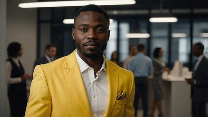 Fototapeta premium twenties african man in yellow attire on office background model portrait looking confident for ad concept space for text