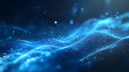 Abstract blue glowing light waves and data flow in a space background for technology,