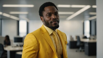 Naklejka premium twenties african man in yellow attire on office background model portrait looking confident for ad concept space for text
