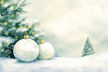 Watercolor White Christmas Ornaments in Snowy Landscape with Decorated Trees, Festive Winter Scene, Holiday Illustration with Copy Space
