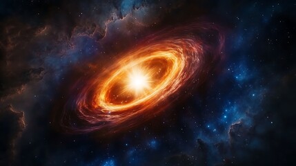 Obraz premium Quasar at the center of a galactic nucleus with a blue giant star and white dwarf orbiting in a binary star system showing gravitational waves