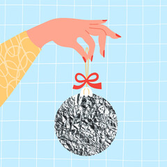 Hand holding silver Christmas ball with red bow on light blue checkered background. Vector illustration. Holiday Xmas, New Year card