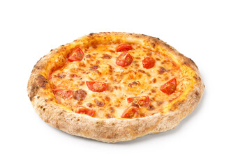 Tasty pizza Margarita with tomatoes on white background