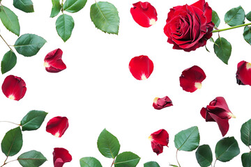 Fototapeta premium Beautiful Red Rose with Leaves on Transparent Background, Perfect for Romantic Designs, Floral Decorations, and Botanical Illustrations