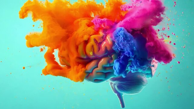 A visually striking representation of a brain bursting with color, symbolizing creativity and cognitive functions in an artistic manner on blue backdrop