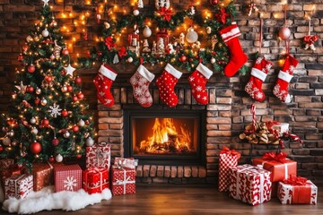 Festive Christmas tree and fireplace with stockings and gifts