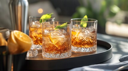Cocktail glasses at home on a tray, ready for partygoers
