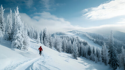 A snowboarder speeding down a cross-country trail surrounded by snow-covered trees and rolling hills.