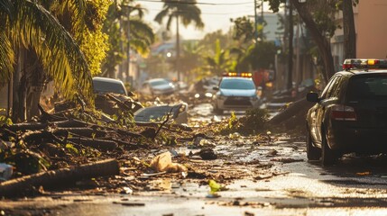 Emergency services clear debris and fallen trees from a city street after a severe storm