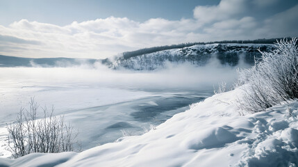 Obraz premium A snowy hilltop overlooking a frozen lake with low clouds hanging over the horizon and the wind sweeping across the snow creating ripples and patterns.