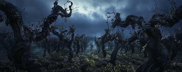 Halloween party in a haunted vineyard where spectral wines flow under eerie grapevines.