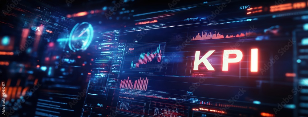 Poster high-tech kpi dashboard interface with data analytics and performance metrics visualization