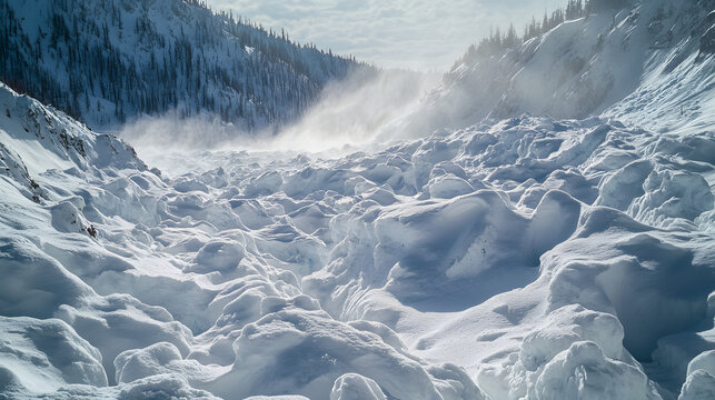 A time-lapse of an avalanche debris field settling after the snow has stopped moving with the snow solidifying into dense mounds.