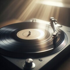 Vinyl record on a turntable with atmospheric lighting.