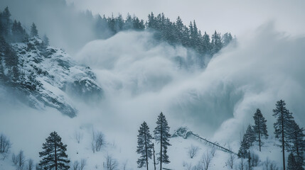 A time-lapse of an avalanche sweeping across a forest with trees being uprooted and snow covering the landscape in a thick blanket.
