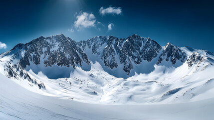A vast snow-covered mountain range under a deep blue sky with the bright sunlight casting sharp shadows across the slopes.