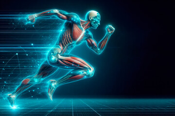 Fototapeta premium A digital person with drawn muscles, running at high speed. Space for text.