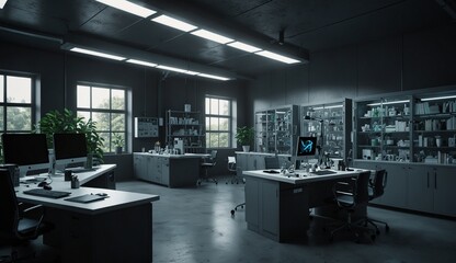 Modern laboratory room with advanced equipment and large windows.