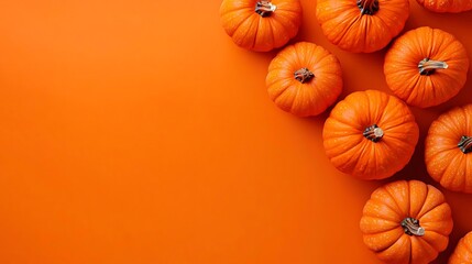 Halloween display of pumpkins on a vibrant orange background for a seasonal flat lay.