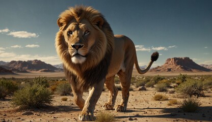 Majestic lion walking through a desert landscape with mountains behind