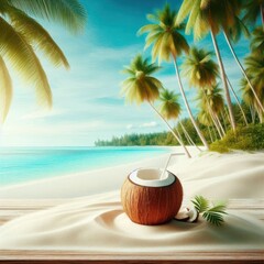 Obraz premium Coconut cocktail on a tropical beach with palm trees and a blue ocean.